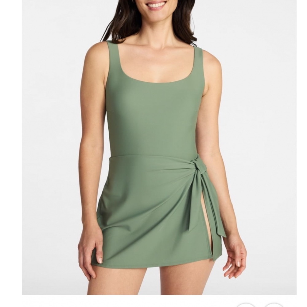 Time and Tru Olive Night Faux Wrap Swim Dress XS 0-2 Green One Piece Swimsuit